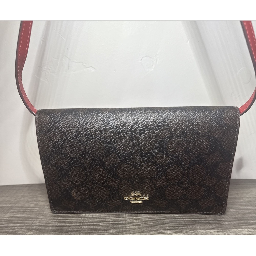 Coach Anna Foldover Crossbody Clutch 3036 Brown Black Signature Canvas Red